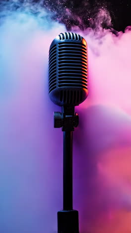 a microphone is in the middle of a colorful explosion. the microphone is black and silver, and it is surrounded by a cloud of colorful smoke. concept of excitement and energy