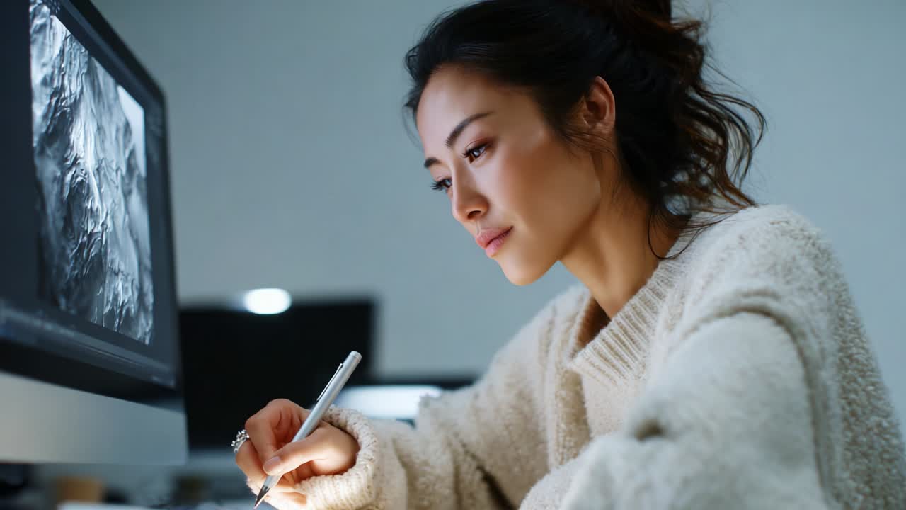 A focused artist deeply engaged in digital creation, seamlessly blending creativity and technology while using a stylus on a tablet, surrounded by a minimalist workspace with a glowing computer screen