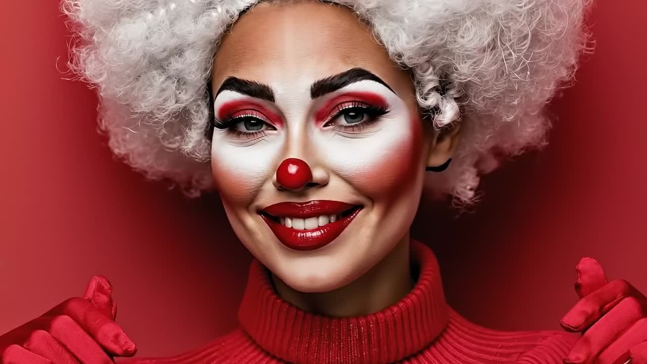 A woman dressed as a clown with white hair and red gloves