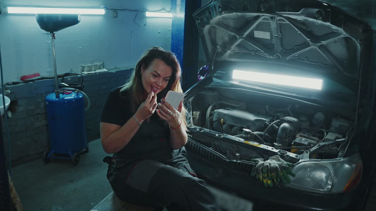 Woman Applying Makeup in a Car Repair Garage