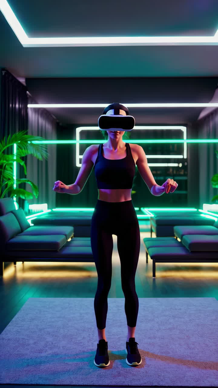 Donna che si allena con un visore VR in una palestra domestica futuristica