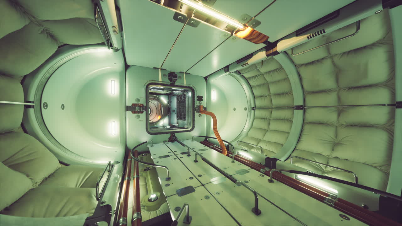 Interior view of a space station module showcasing sleeping quarters in orbit