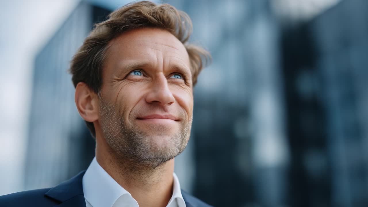 A Confident Business Professional Smiles While Looking Upward Against an Urban Background, Capturing an Inspirational Moment of Reflection and Hopefulness