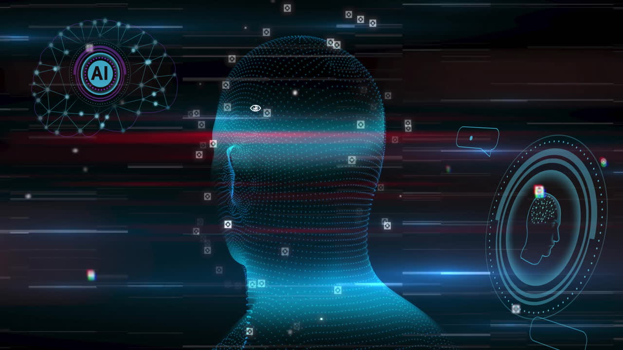 Animation of ai texts and chat with brain over digital human spinning