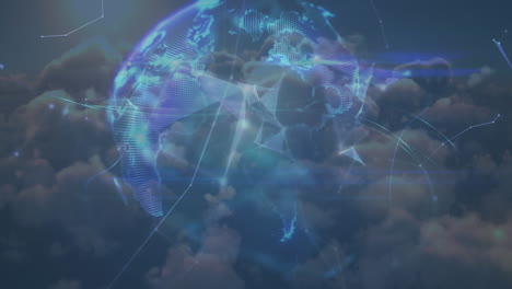 animation of network of connections with globe over clouds in background