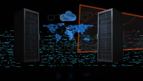 animación del procesamiento de datos a través de servidores y mapa del mundo.