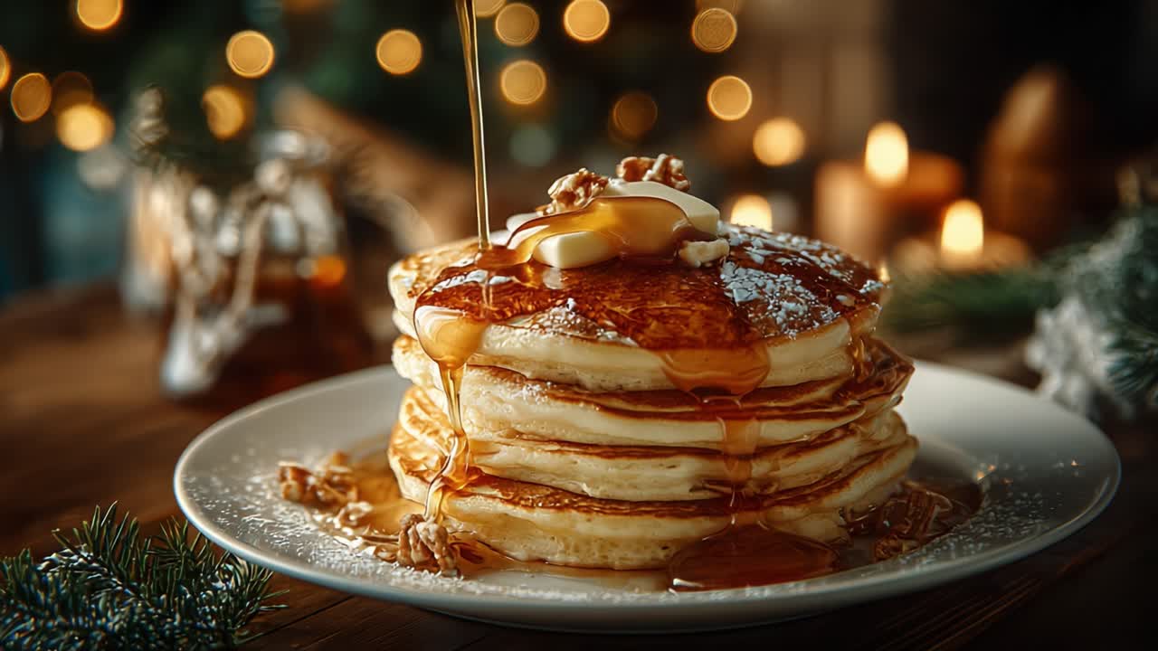Delicious Stacked Pancakes Drizzled with Maple Syrup and Garnished with Butter and Nuts, Perfect for a Cozy Breakfast or Dessert Experience