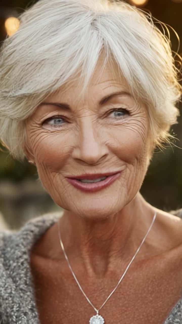 Radiant Joy of Life: A Beautiful Elderly Woman's Warm Smile Captured in the Golden Hour, Celebrating Grace and Cheerfulness with Timeless Charm