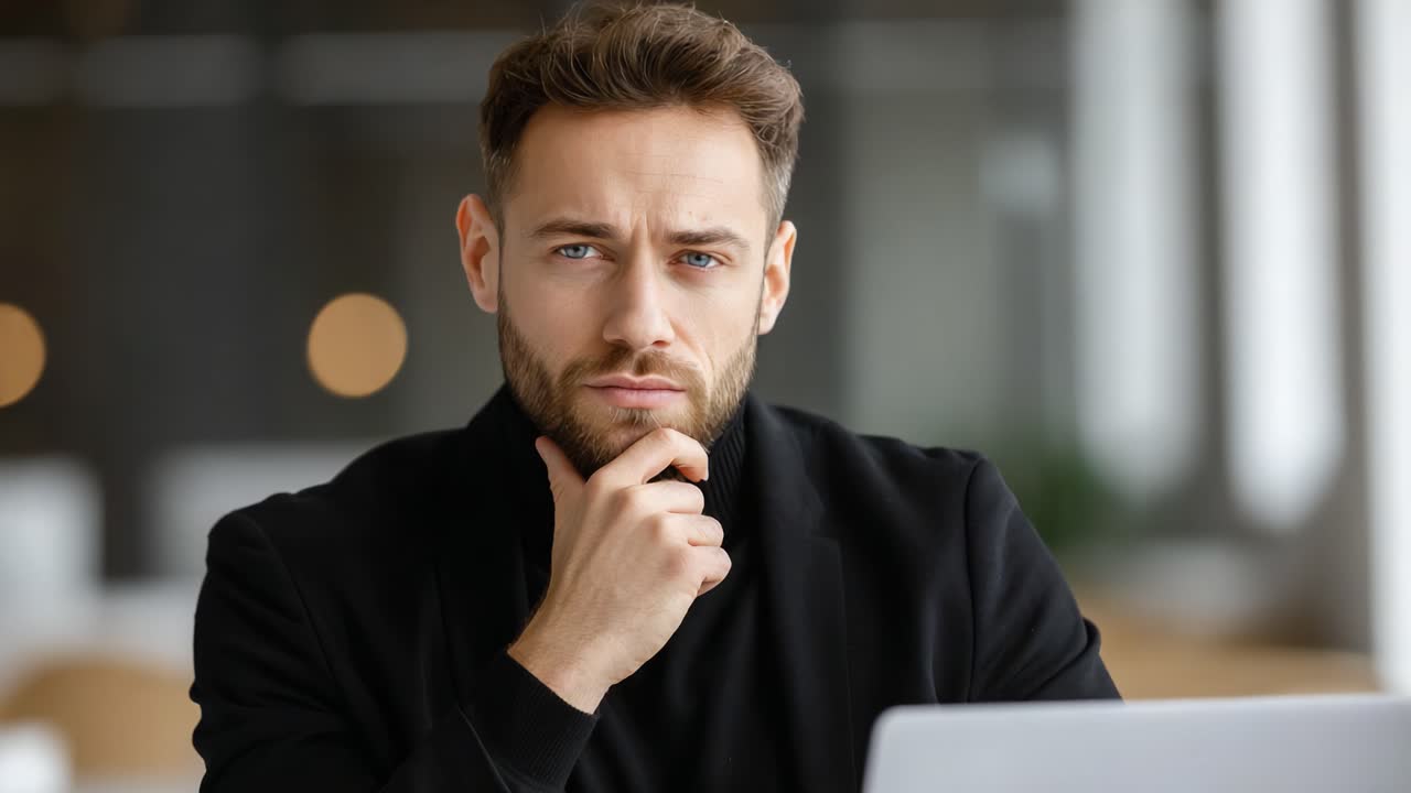 Thoughtful Young Man in a Modern Workspace Contemplating Ideas with His Laptop, Capturing the Essence of Deep Reflection and Innovation in a Professional Environment
