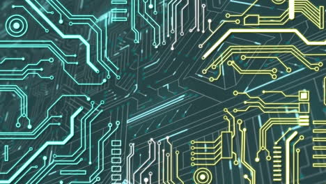 animación del procesamiento de datos en una placa de circuito luminoso de computadora
