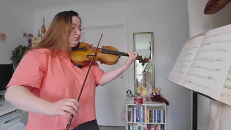 woman performing musical melody, home apartment background, slow-mo