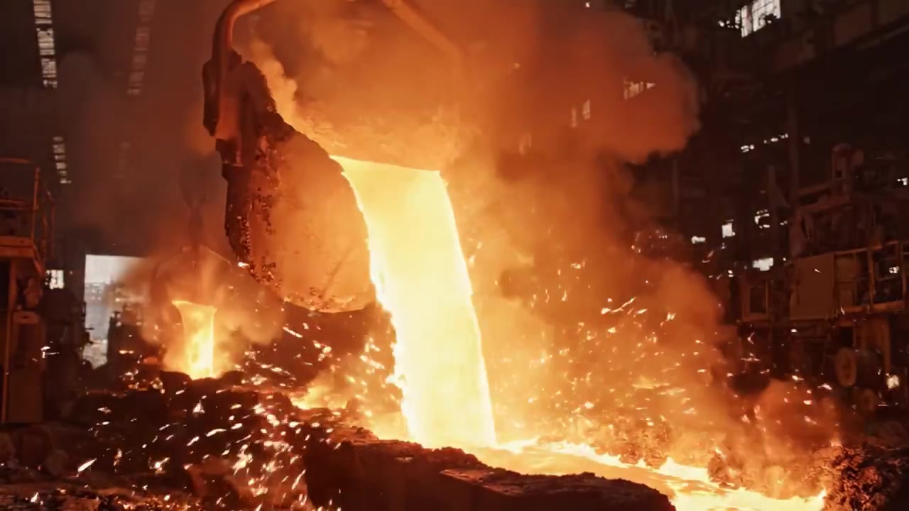L'intenso processo di colata di metallo fuso in una fonderia: catturare il calore e l'energia della lavorazione dei metalli in un contesto industriale.