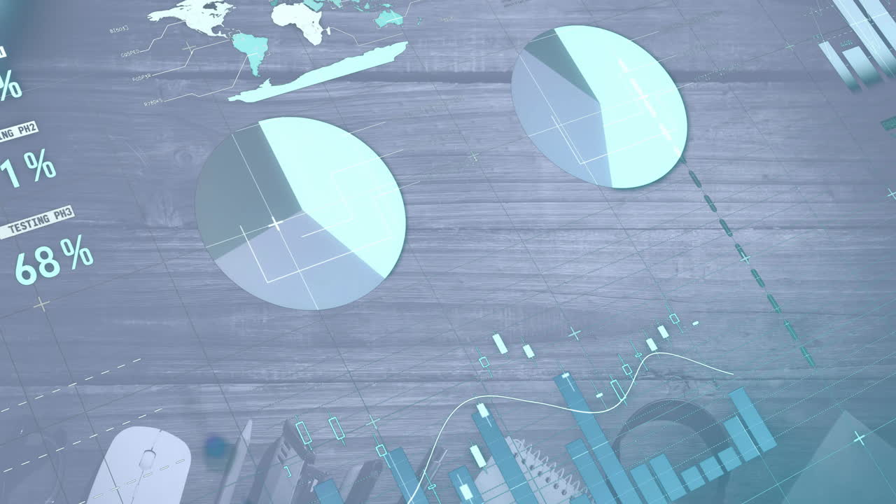 animación del procesamiento de datos financieros sobre el escritorio con artículos de papelería