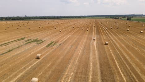aerial view of hay field with straw bales