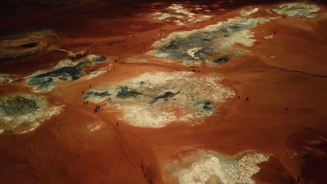 Aerial view of many people walking around the geothermal area of Hverir, Iceland