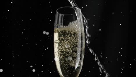 Animation-of-champagne-pouring-in-glasses-and-lens-flare-moving-on-black-background