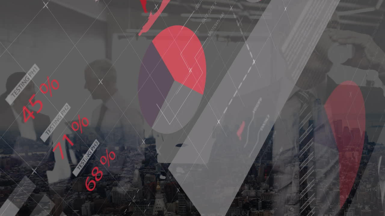 사무실에서 커피를 마시는 백인 사업가에 대한 금융 데이터의 애니메이션