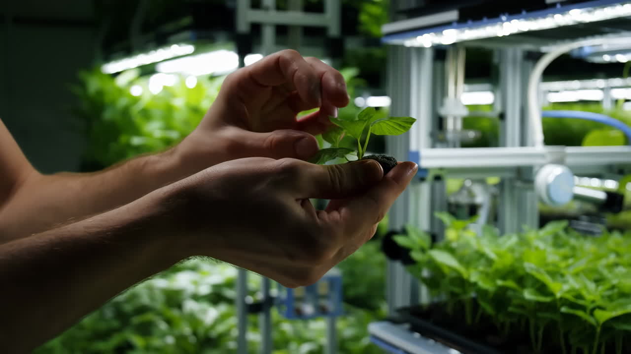 Close-up of hands holding a plant seedling in a vertical farm