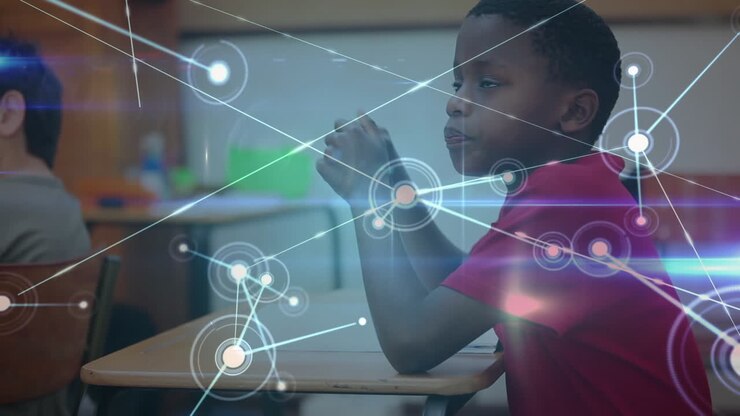 Animazione di una rete di connessioni su uno scolaro che scrive