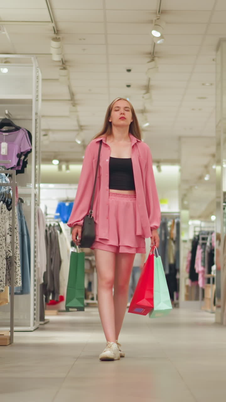 una dama con una camiseta negra bajo un traje rosa camina a través de una tienda de moda bien iluminada, llevando bolsas de compras de colores y mirando la ropa cuidadosamente dispuesta en los estantes, con un fondo bien iluminado