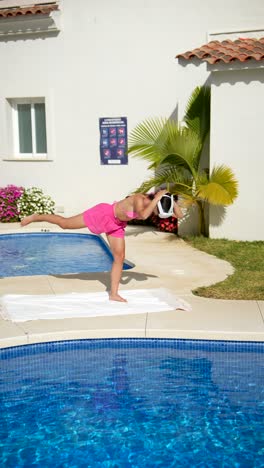 woman wearing vr headset by a pool