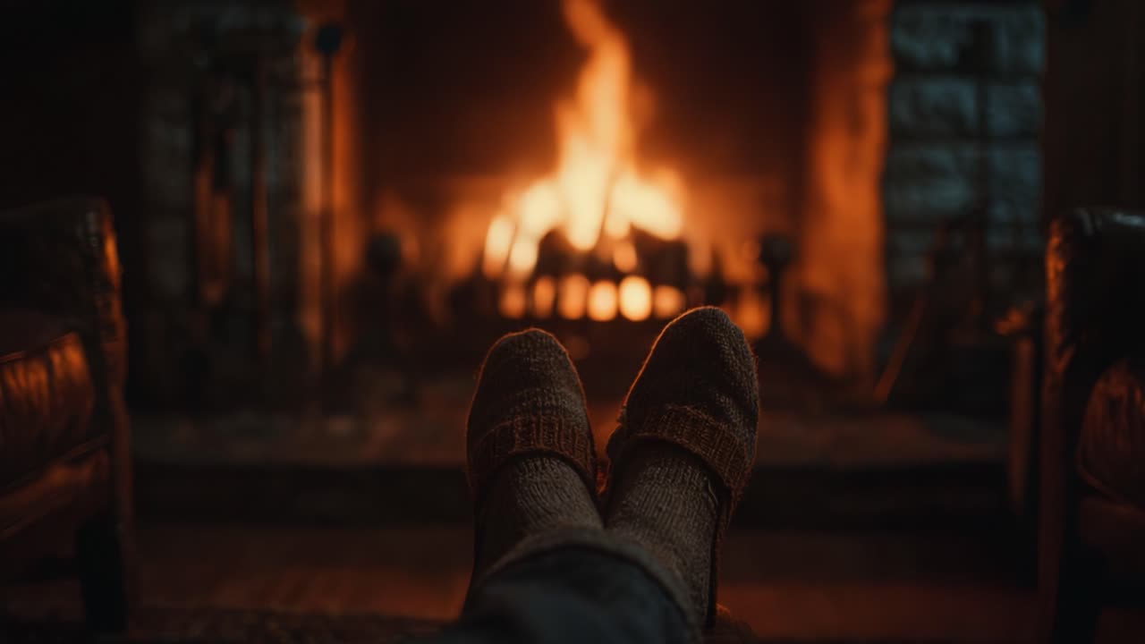 Cozy Evening by the Fire: Relaxing Moments with Warm Feet and Flickering Flames, Embracing Comfort and Tranquility in a Serene Ambiance