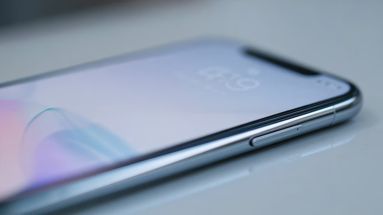 Câmera mudando o foco revelando detalhes do smartphone em uma mesa branca, mostrando o entalhe e o botão lateral.
