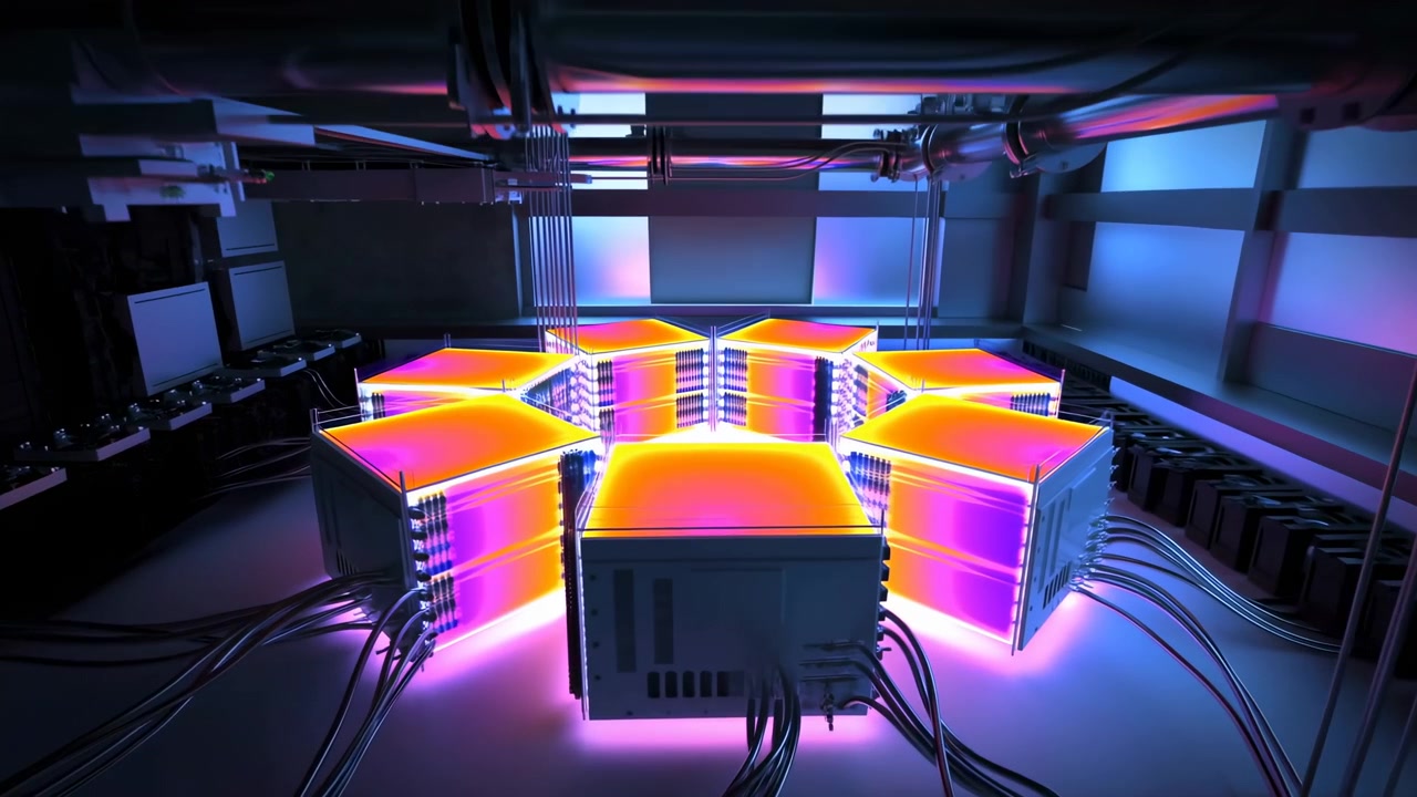 Camera industriale scura ad alta tecnologia con parti di macchinari illuminate di viola e arancione, struttura metallica, tubi, cavi e retroilluminazione blu che crea un'atmosfera suggestiva.