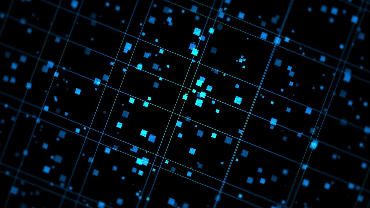 Bright technology of blue neon lines. Business concept. 3D rendering of rotating squares crossing on black background. Loop animation.