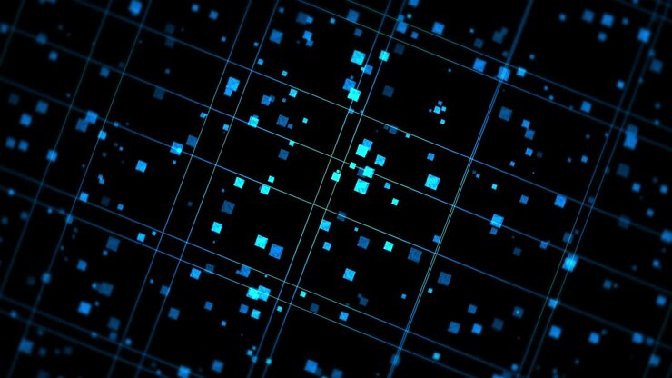 Bright technology of blue neon lines. Business concept. 3D rendering of rotating squares crossing on black background. Loop animation.