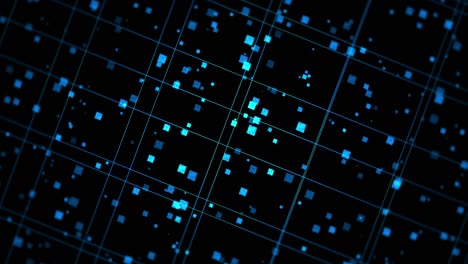 tecnología brillante de líneas de neón azul. concepto de negocio. representación 3d de cuadrados giratorios que se cruzan en fondo negro. animación de bucle.