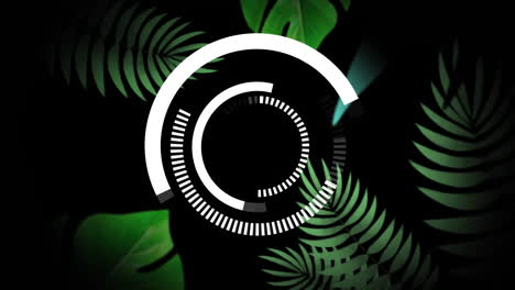 animation of white circular scanner rotating over drips and green leaves on black background