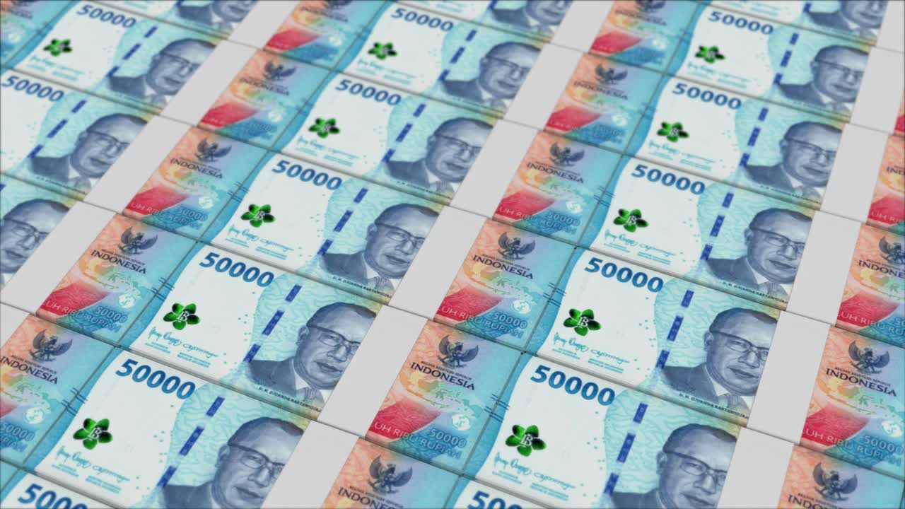 50000 indonesische Rupiah-Banknoten werden von einer Geldpresse gedruckt.