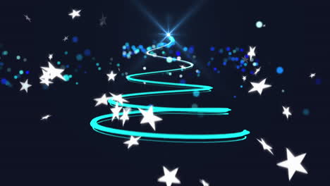 merry christmas text against christmas tree and stars falling