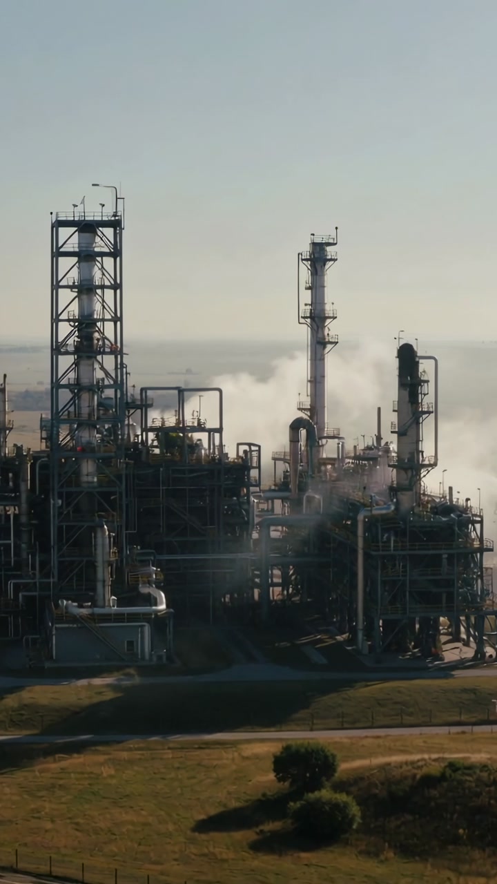 Vertical video: Showing operating refinery releasing steam at coastal field with columns and piping