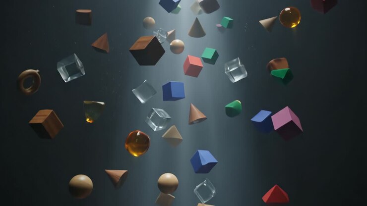 Abstract 3D Geometric Shapes Falling Through Light Rays