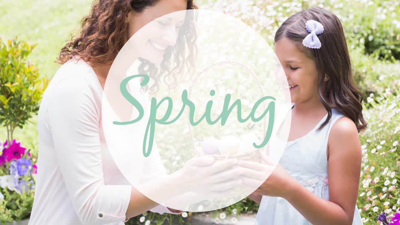 Animation of spring text over smiling caucasian mother with daughter collecting easter eggs