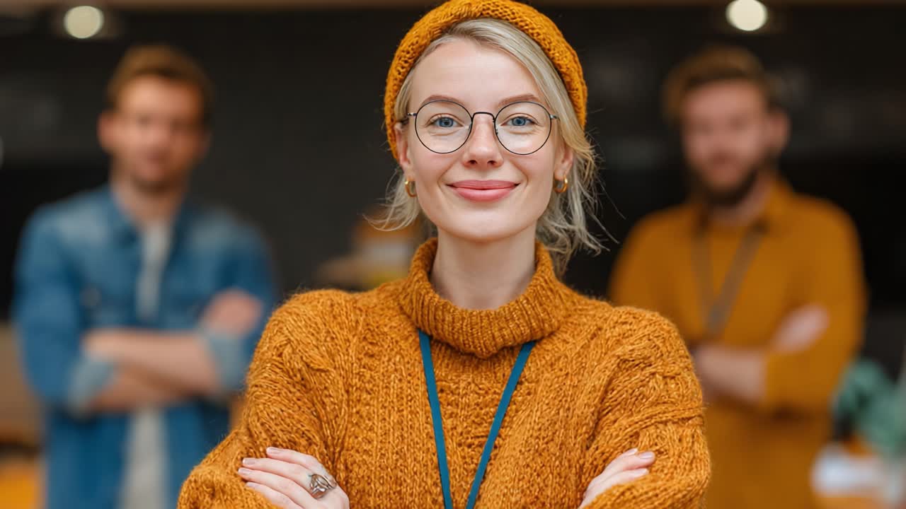 Giovane donna sicura di sé in comodi indumenti di maglia guida un incontro amichevole, mettendo in mostra lo spirito di team e il calore in un'atmosfera collaborativa