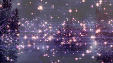 animation of christmas flickering purple lights over winter scenery with fir trees