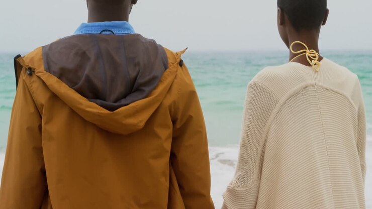 Vista posteriore di coppia afroamericana in piedi mano nella mano sulla spiaggia 4k