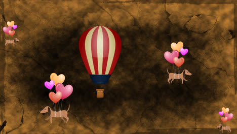 animation of colorful balloons flying with dogs and hot air balloon over brown background