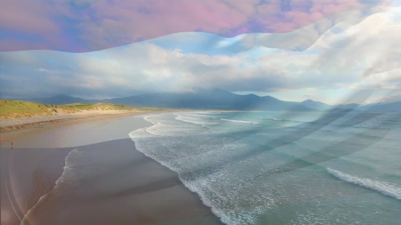 animación de la bandera de los países bajos soplando sobre las olas en el mar