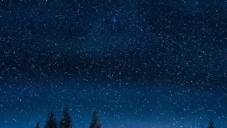 animation of snow falling over fir trees and night blue sky