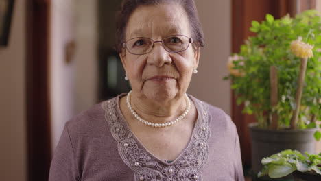 Retrato-De-Una-Elegante-Mujer-Anciana-De-Raza-Mixta-Mirando-Pensativa-A-La-Cámara-Parada-Junto-A-La-Ventana-Usando-Un-Collar-De-Perlas