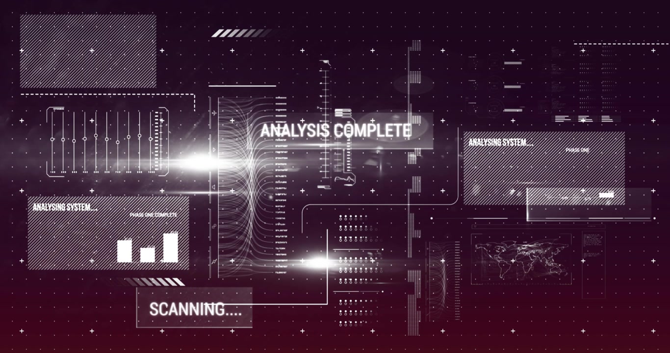 Animation af interface med databehandling og lyspletter mod lilla gradientbaggrund