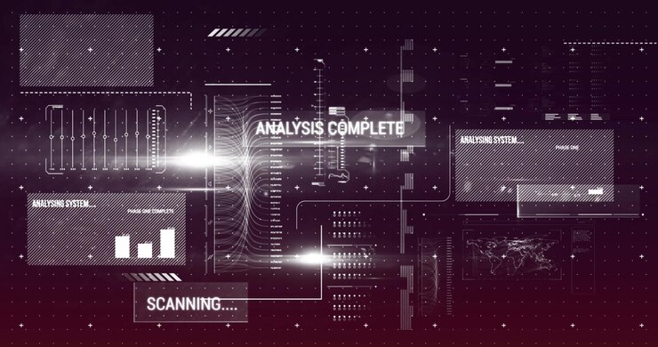 Animation of interface with data processing and light spots against purple gradient background