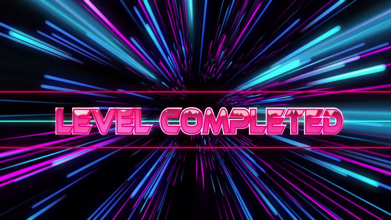 animación del nivel completado sobre senderos de luz de neón rosado y azul