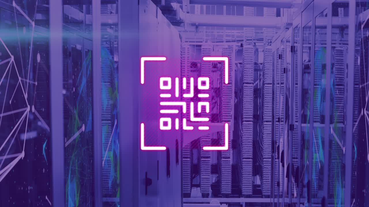 Animation of neon qr code over server room in violet