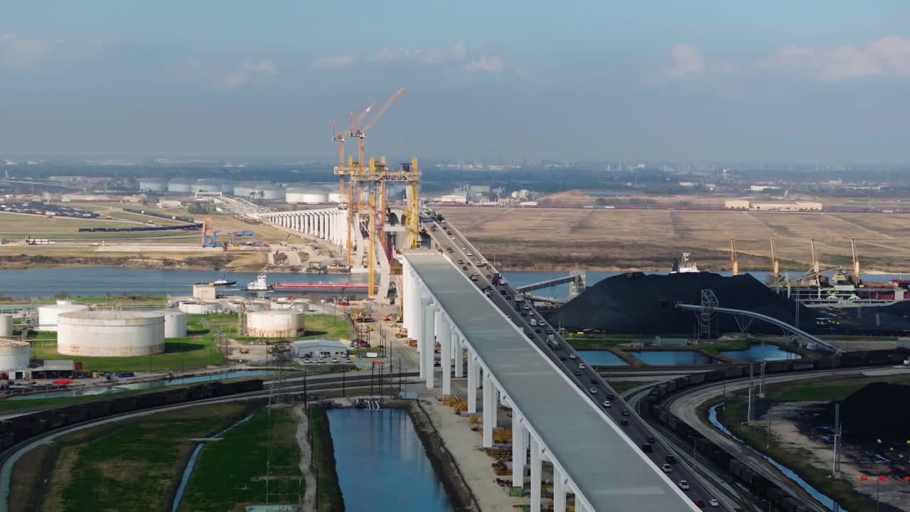 Drone approaching the project site of the Beltway 8 bridge, in sunny Houston