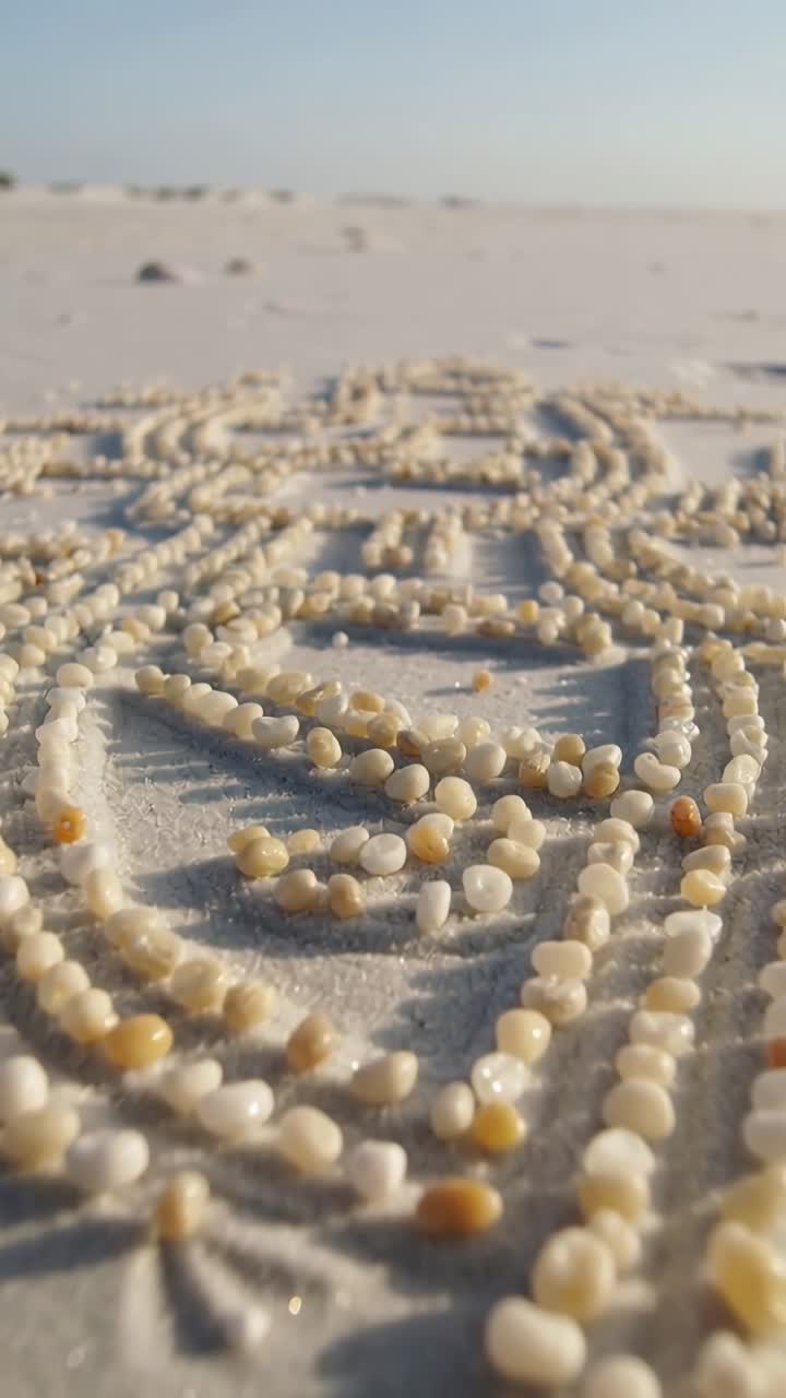 Video verticale: Telecamera che si allontana rivelando granelli di sabbia a motivi sulla spiaggia per mostrare file curve